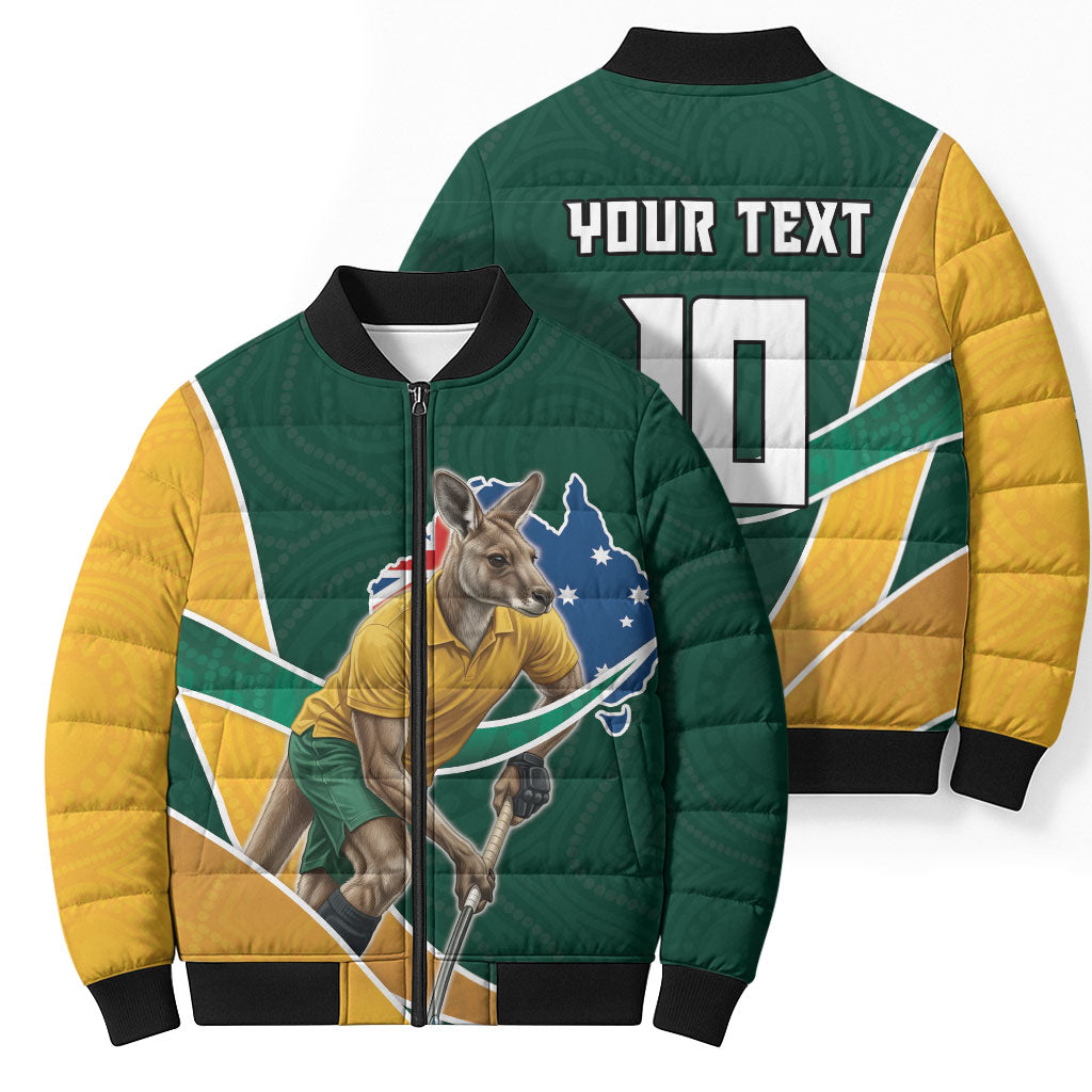 Personalized Kookaburras Field Hockey Kangaroo Bomber Puffer Jacket Australian Flag Map With Abstract Green And Gold Wave Pattern