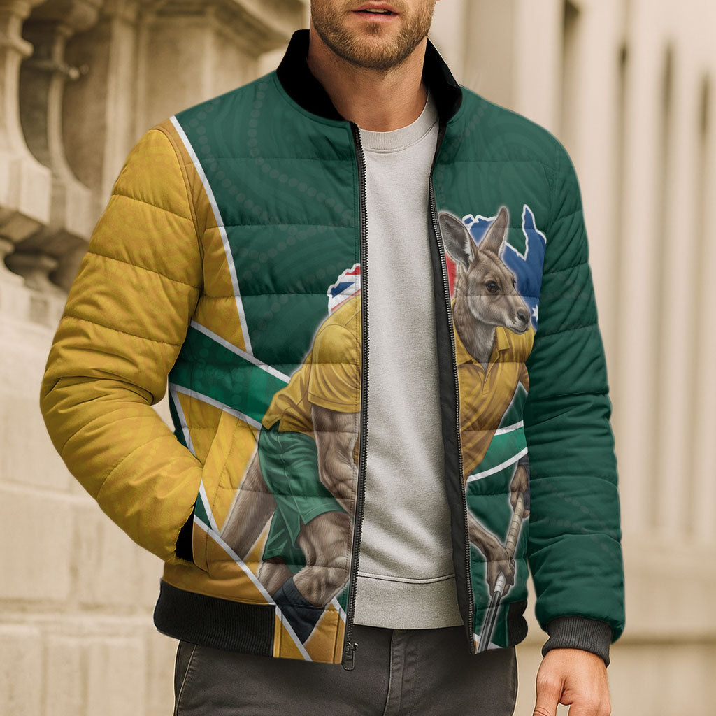 Personalized Kookaburras Field Hockey Kangaroo Bomber Puffer Jacket Australian Flag Map With Abstract Green And Gold Wave Pattern