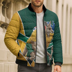 Personalized Kookaburras Field Hockey Kangaroo Bomber Puffer Jacket Australian Flag Map With Abstract Green And Gold Wave Pattern