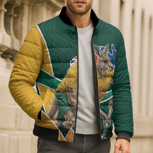 Personalized Kookaburras Field Hockey Kangaroo Bomber Puffer Jacket Australian Flag Map With Abstract Green And Gold Wave Pattern