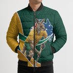 Personalized Kookaburras Field Hockey Kangaroo Bomber Puffer Jacket Australian Flag Map With Abstract Green And Gold Wave Pattern