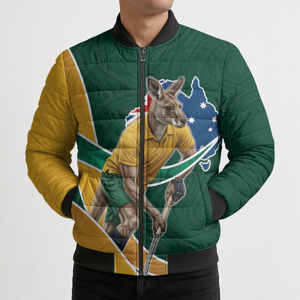 Personalized Kookaburras Field Hockey Kangaroo Bomber Puffer Jacket Australian Flag Map With Abstract Green And Gold Wave Pattern