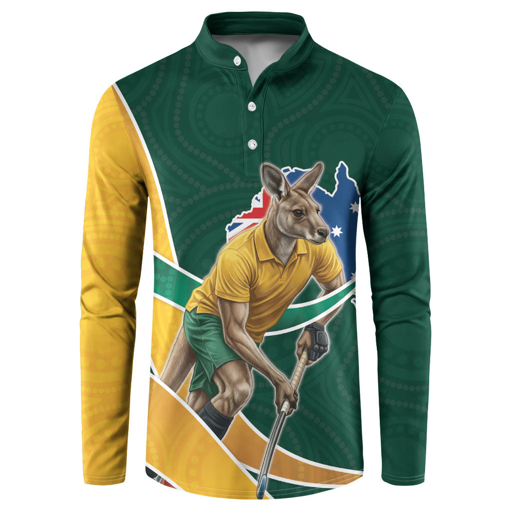 Personalized Kookaburras Field Hockey Kangaroo Button Sweatshirt Australian Flag Map With Abstract Green And Gold Wave Pattern