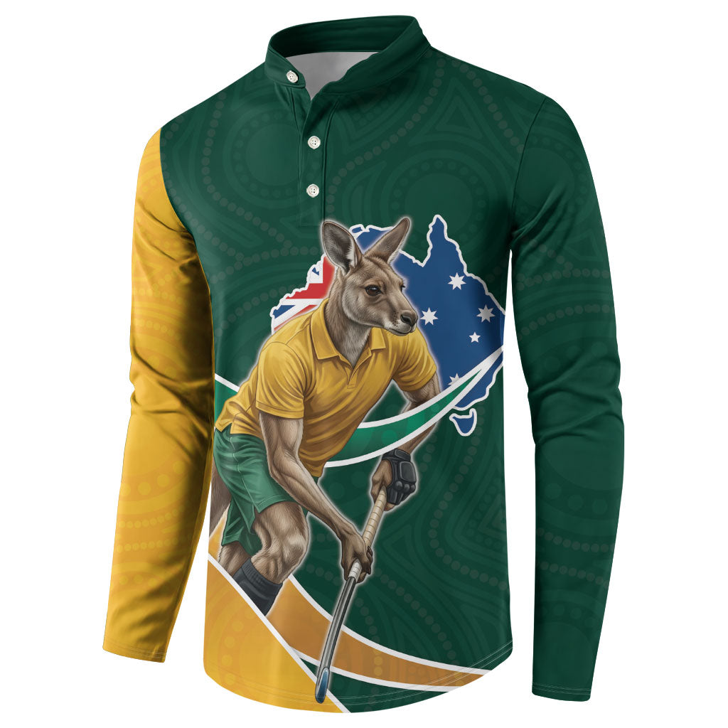 Personalized Kookaburras Field Hockey Kangaroo Button Sweatshirt Australian Flag Map With Abstract Green And Gold Wave Pattern