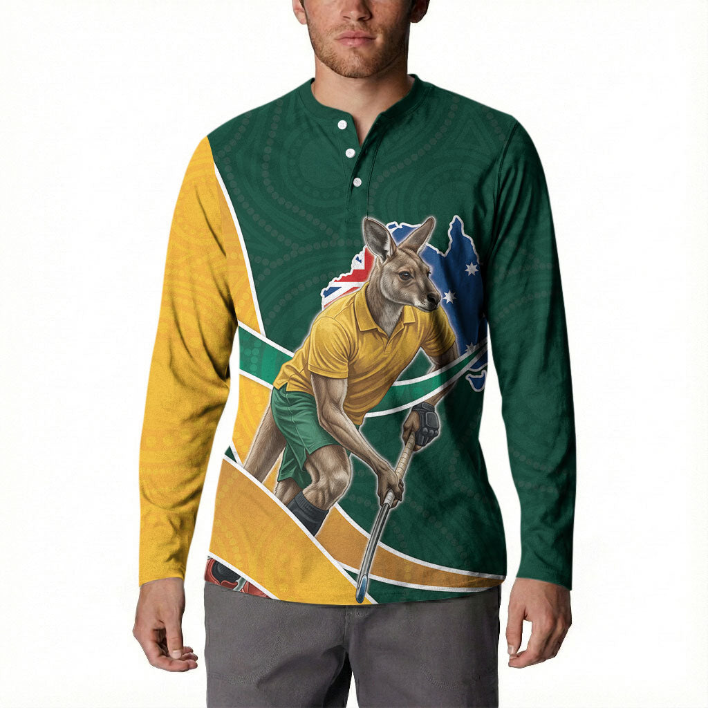 Personalized Kookaburras Field Hockey Kangaroo Button Sweatshirt Australian Flag Map With Abstract Green And Gold Wave Pattern