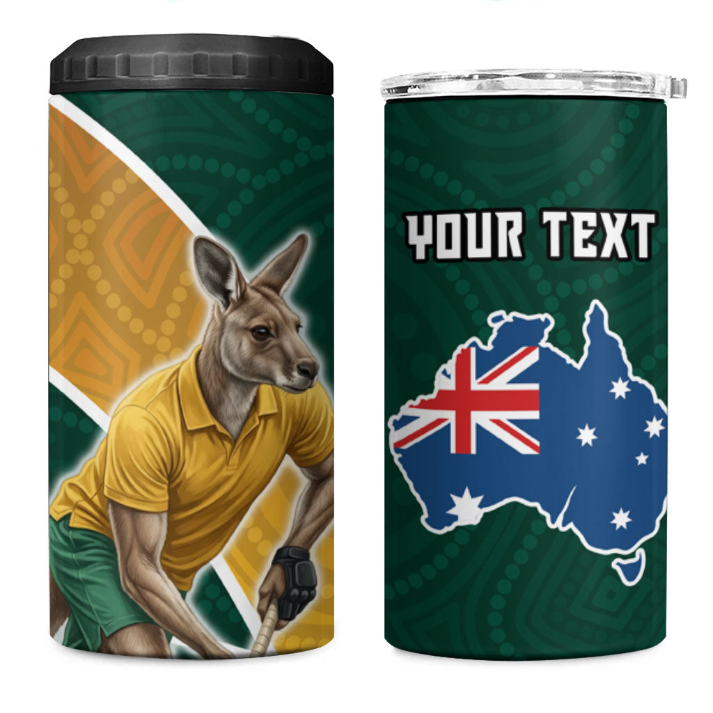 Personalized Kookaburras Field Hockey Kangaroo 4 in 1 Can Cooler Tumbler Australian Flag Map With Abstract Green And Gold Wave Pattern