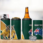 Personalized Kookaburras Field Hockey Kangaroo 4 in 1 Can Cooler Tumbler Australian Flag Map With Abstract Green And Gold Wave Pattern