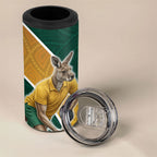 Personalized Kookaburras Field Hockey Kangaroo 4 in 1 Can Cooler Tumbler Australian Flag Map With Abstract Green And Gold Wave Pattern