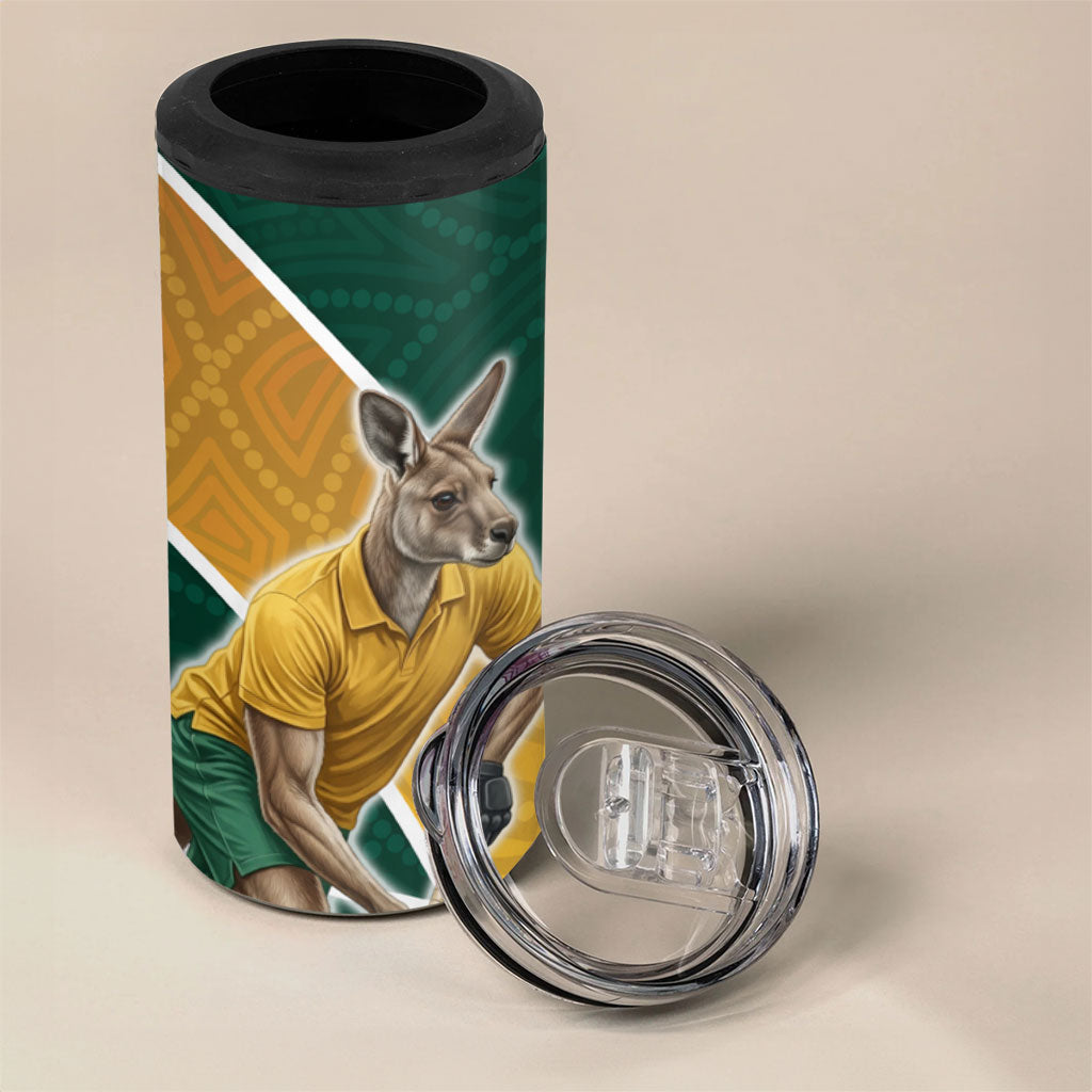Personalized Kookaburras Field Hockey Kangaroo 4 in 1 Can Cooler Tumbler Australian Flag Map With Abstract Green And Gold Wave Pattern