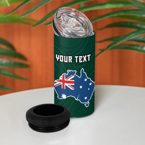 Personalized Kookaburras Field Hockey Kangaroo 4 in 1 Can Cooler Tumbler Australian Flag Map With Abstract Green And Gold Wave Pattern