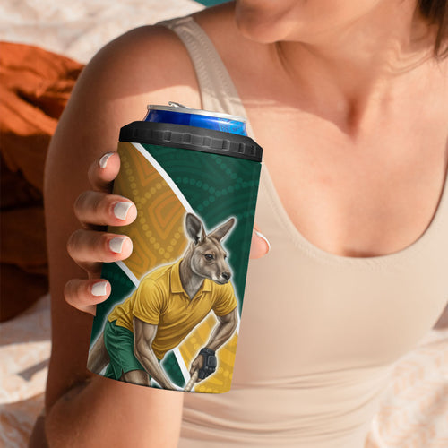 Personalized Kookaburras Field Hockey Kangaroo 4 in 1 Can Cooler Tumbler Australian Flag Map With Abstract Green And Gold Wave Pattern
