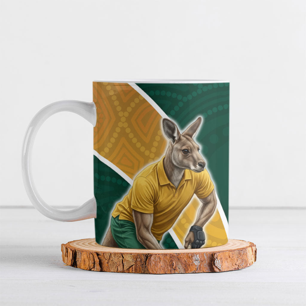 Personalized Kookaburras Field Hockey Kangaroo Ceramic Mug Australian Flag Map With Abstract Green And Gold Wave Pattern