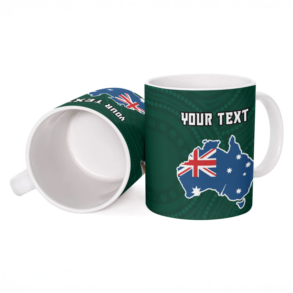 Personalized Kookaburras Field Hockey Kangaroo Ceramic Mug Australian Flag Map With Abstract Green And Gold Wave Pattern