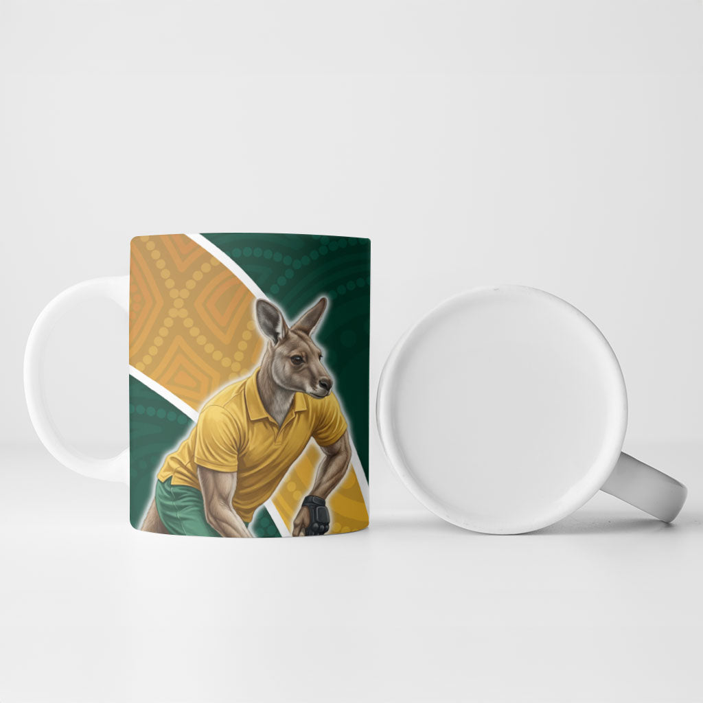 Personalized Kookaburras Field Hockey Kangaroo Ceramic Mug Australian Flag Map With Abstract Green And Gold Wave Pattern
