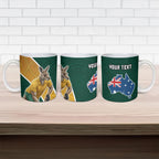Personalized Kookaburras Field Hockey Kangaroo Ceramic Mug Australian Flag Map With Abstract Green And Gold Wave Pattern