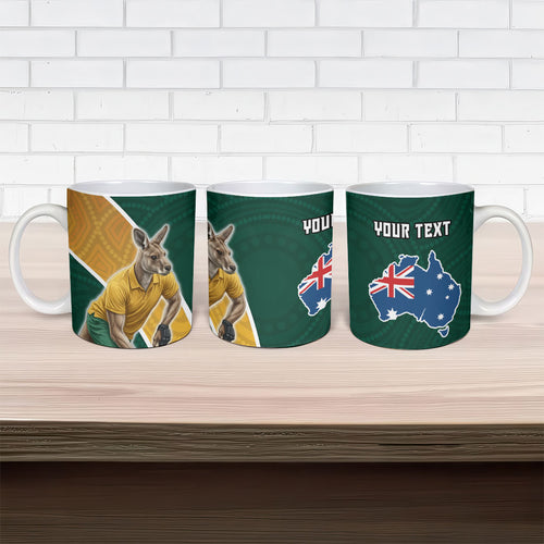 Personalized Kookaburras Field Hockey Kangaroo Ceramic Mug Australian Flag Map With Abstract Green And Gold Wave Pattern