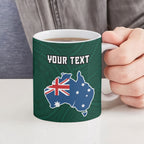 Personalized Kookaburras Field Hockey Kangaroo Ceramic Mug Australian Flag Map With Abstract Green And Gold Wave Pattern