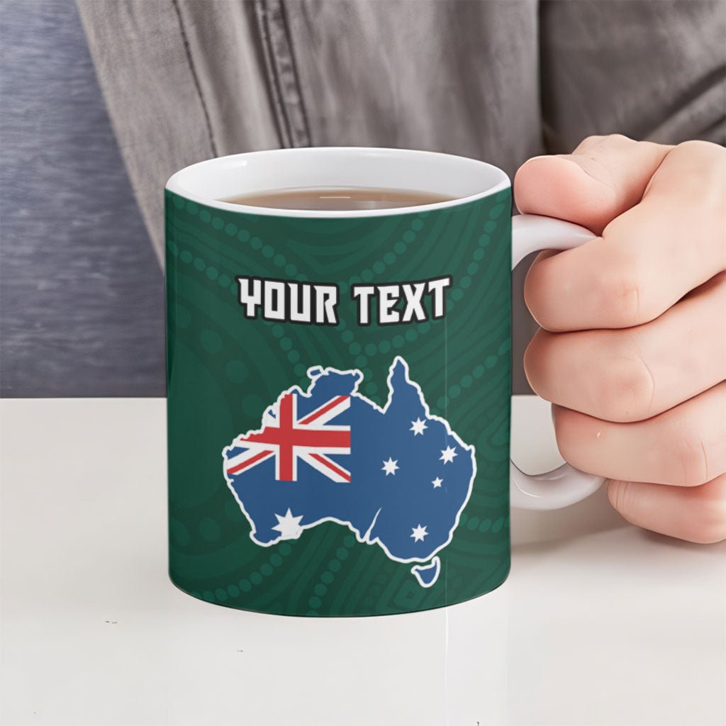 Personalized Kookaburras Field Hockey Kangaroo Ceramic Mug Australian Flag Map With Abstract Green And Gold Wave Pattern