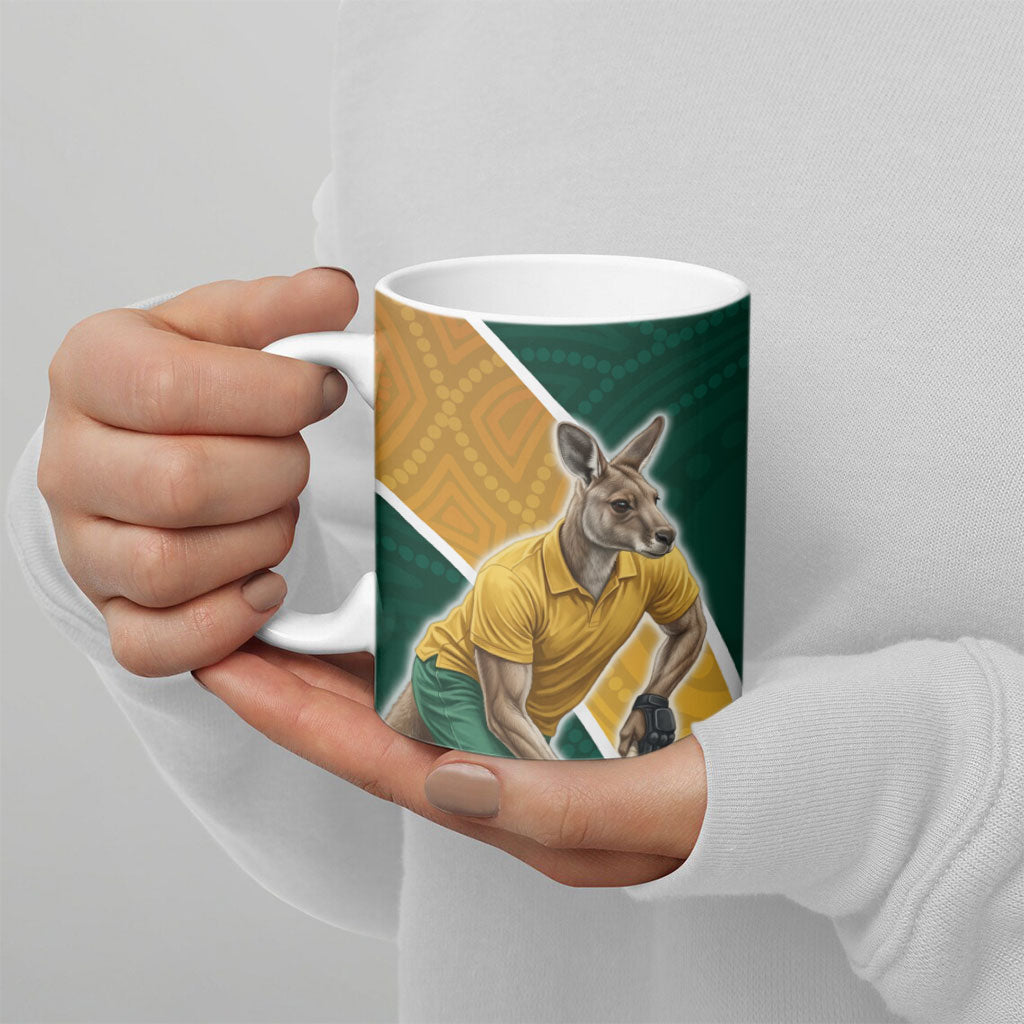 Personalized Kookaburras Field Hockey Kangaroo Ceramic Mug Australian Flag Map With Abstract Green And Gold Wave Pattern