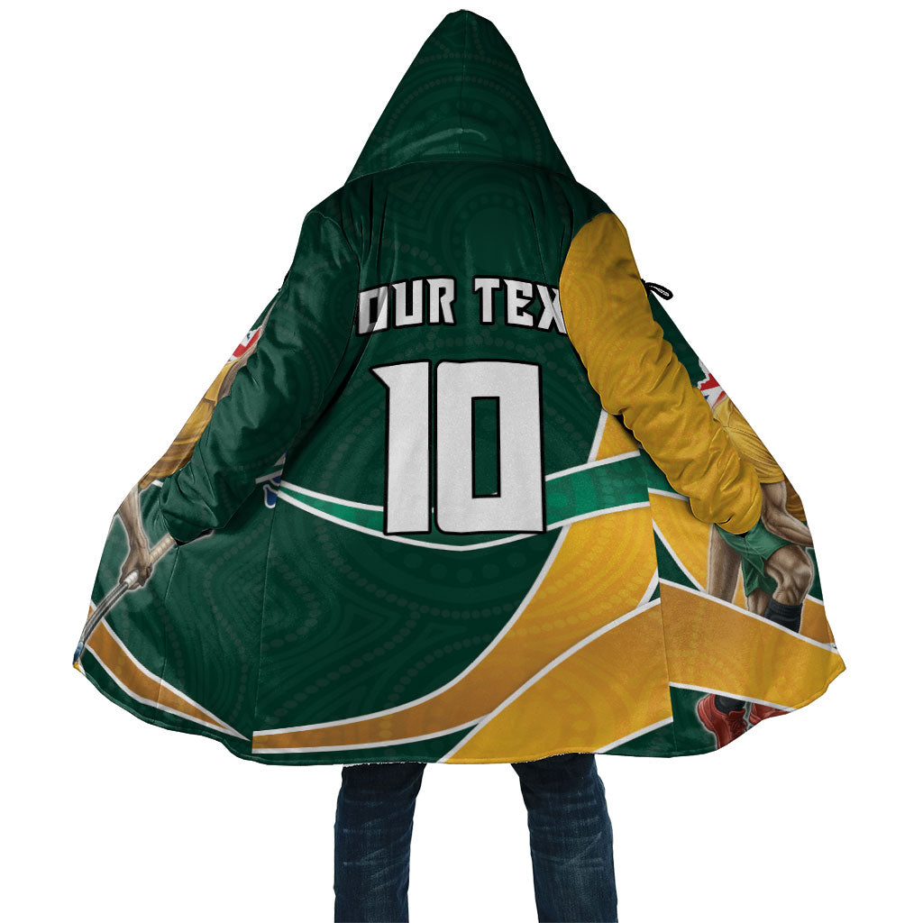 Personalized Kookaburras Field Hockey Kangaroo Cloak Australian Flag Map With Abstract Green And Gold Wave Pattern