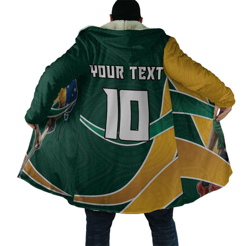 Personalized Kookaburras Field Hockey Kangaroo Cloak Australian Flag Map With Abstract Green And Gold Wave Pattern