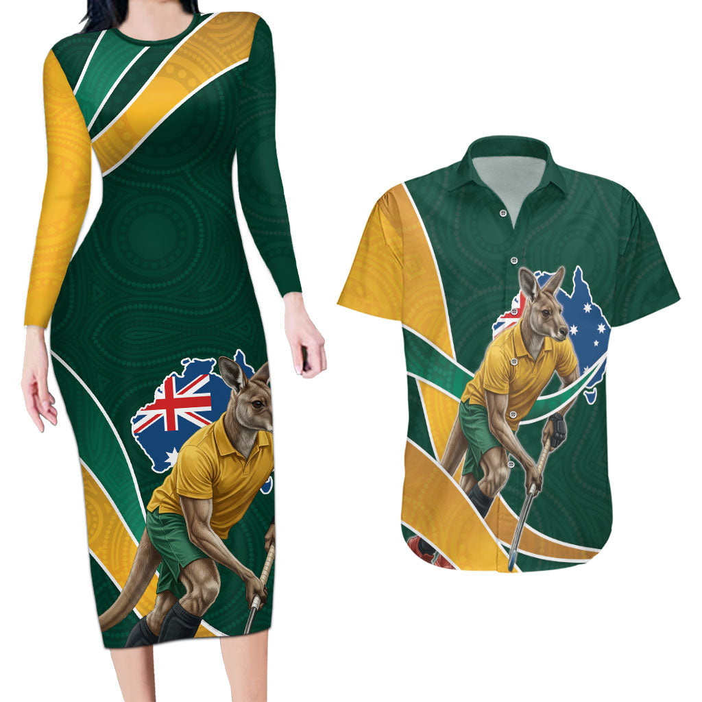 Personalized Kookaburras Field Hockey Kangaroo Couples Matching Long Sleeve Bodycon Dress and Hawaiian Shirt Australian Flag Map With Abstract Green And Gold Wave Pattern