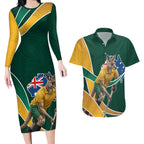 Personalized Kookaburras Field Hockey Kangaroo Couples Matching Long Sleeve Bodycon Dress and Hawaiian Shirt Australian Flag Map With Abstract Green And Gold Wave Pattern