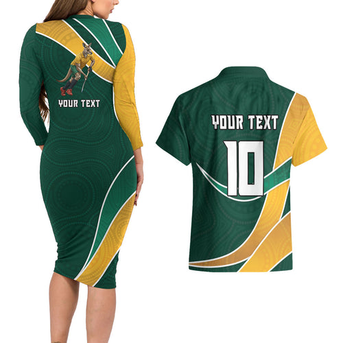 Personalized Kookaburras Field Hockey Kangaroo Couples Matching Long Sleeve Bodycon Dress and Hawaiian Shirt Australian Flag Map With Abstract Green And Gold Wave Pattern