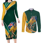 Personalized Kookaburras Field Hockey Kangaroo Couples Matching Long Sleeve Bodycon Dress and Long Sleeve Button Shirt Australian Flag Map With Abstract Green And Gold Wave Pattern