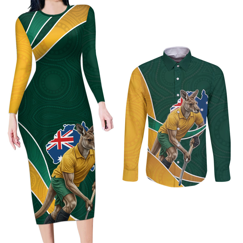 Personalized Kookaburras Field Hockey Kangaroo Couples Matching Long Sleeve Bodycon Dress and Long Sleeve Button Shirt Australian Flag Map With Abstract Green And Gold Wave Pattern