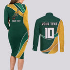 Personalized Kookaburras Field Hockey Kangaroo Couples Matching Long Sleeve Bodycon Dress and Long Sleeve Button Shirt Australian Flag Map With Abstract Green And Gold Wave Pattern