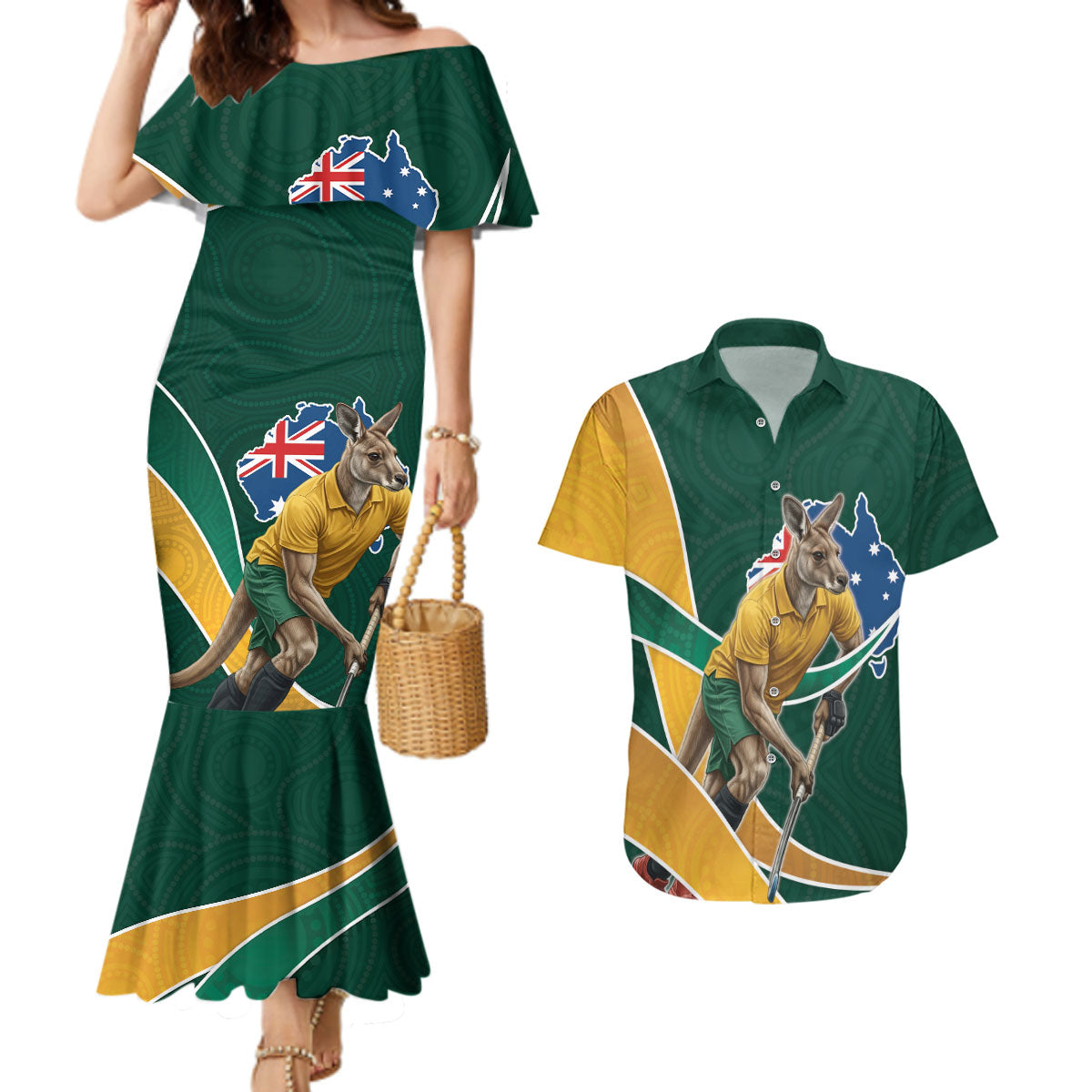 Personalized Kookaburras Field Hockey Kangaroo Couples Matching Mermaid Dress and Hawaiian Shirt Australian Flag Map With Abstract Green And Gold Wave Pattern