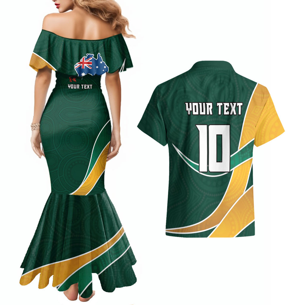 Personalized Kookaburras Field Hockey Kangaroo Couples Matching Mermaid Dress and Hawaiian Shirt Australian Flag Map With Abstract Green And Gold Wave Pattern