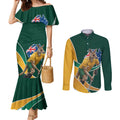 Personalized Kookaburras Field Hockey Kangaroo Couples Matching Mermaid Dress and Long Sleeve Button Shirt Australian Flag Map With Abstract Green And Gold Wave Pattern