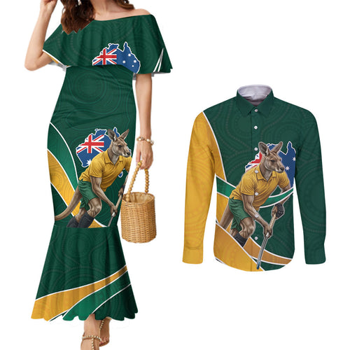 Personalized Kookaburras Field Hockey Kangaroo Couples Matching Mermaid Dress and Long Sleeve Button Shirt Australian Flag Map With Abstract Green And Gold Wave Pattern