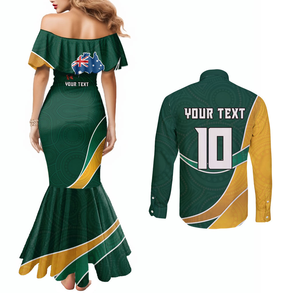 Personalized Kookaburras Field Hockey Kangaroo Couples Matching Mermaid Dress and Long Sleeve Button Shirt Australian Flag Map With Abstract Green And Gold Wave Pattern