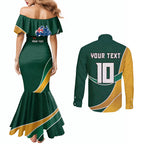Personalized Kookaburras Field Hockey Kangaroo Couples Matching Mermaid Dress and Long Sleeve Button Shirt Australian Flag Map With Abstract Green And Gold Wave Pattern
