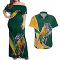 Personalized Kookaburras Field Hockey Kangaroo Couples Matching Off Shoulder Maxi Dress and Hawaiian Shirt Australian Flag Map With Abstract Green And Gold Wave Pattern