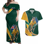 Personalized Kookaburras Field Hockey Kangaroo Couples Matching Off Shoulder Maxi Dress and Hawaiian Shirt Australian Flag Map With Abstract Green And Gold Wave Pattern