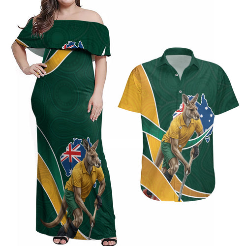 Personalized Kookaburras Field Hockey Kangaroo Couples Matching Off Shoulder Maxi Dress and Hawaiian Shirt Australian Flag Map With Abstract Green And Gold Wave Pattern