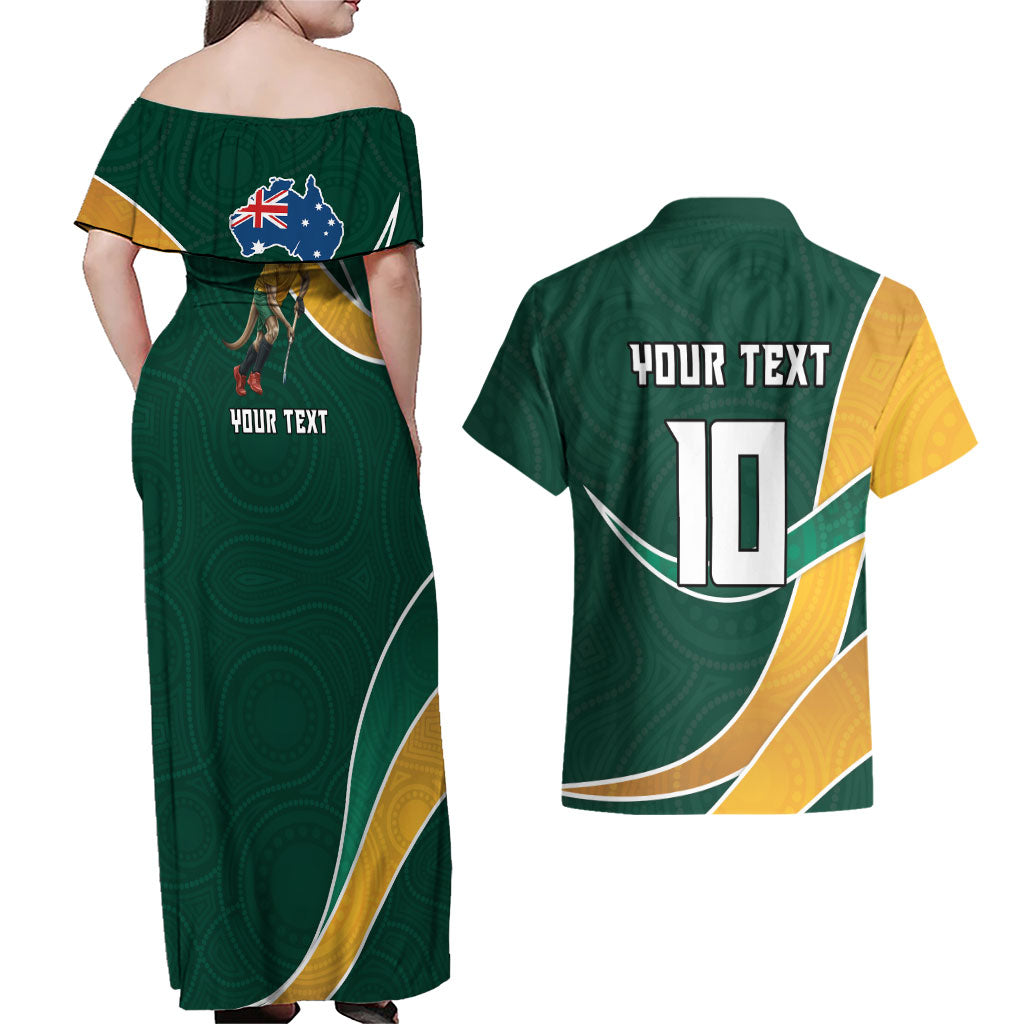 Personalized Kookaburras Field Hockey Kangaroo Couples Matching Off Shoulder Maxi Dress and Hawaiian Shirt Australian Flag Map With Abstract Green And Gold Wave Pattern