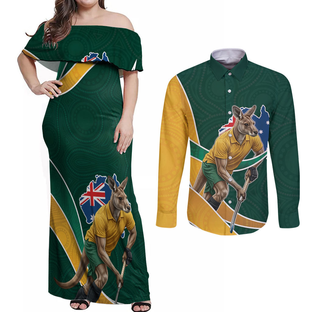 Personalized Kookaburras Field Hockey Kangaroo Couples Matching Off Shoulder Maxi Dress and Long Sleeve Button Shirt Australian Flag Map With Abstract Green And Gold Wave Pattern