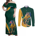 Personalized Kookaburras Field Hockey Kangaroo Couples Matching Off Shoulder Maxi Dress and Long Sleeve Button Shirt Australian Flag Map With Abstract Green And Gold Wave Pattern