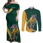 Personalized Kookaburras Field Hockey Kangaroo Couples Matching Off Shoulder Maxi Dress and Long Sleeve Button Shirt Australian Flag Map With Abstract Green And Gold Wave Pattern