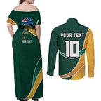 Personalized Kookaburras Field Hockey Kangaroo Couples Matching Off Shoulder Maxi Dress and Long Sleeve Button Shirt Australian Flag Map With Abstract Green And Gold Wave Pattern