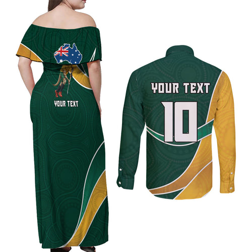 Personalized Kookaburras Field Hockey Kangaroo Couples Matching Off Shoulder Maxi Dress and Long Sleeve Button Shirt Australian Flag Map With Abstract Green And Gold Wave Pattern