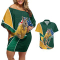 Personalized Kookaburras Field Hockey Kangaroo Couples Matching Off Shoulder Short Dress and Hawaiian Shirt Australian Flag Map With Abstract Green And Gold Wave Pattern