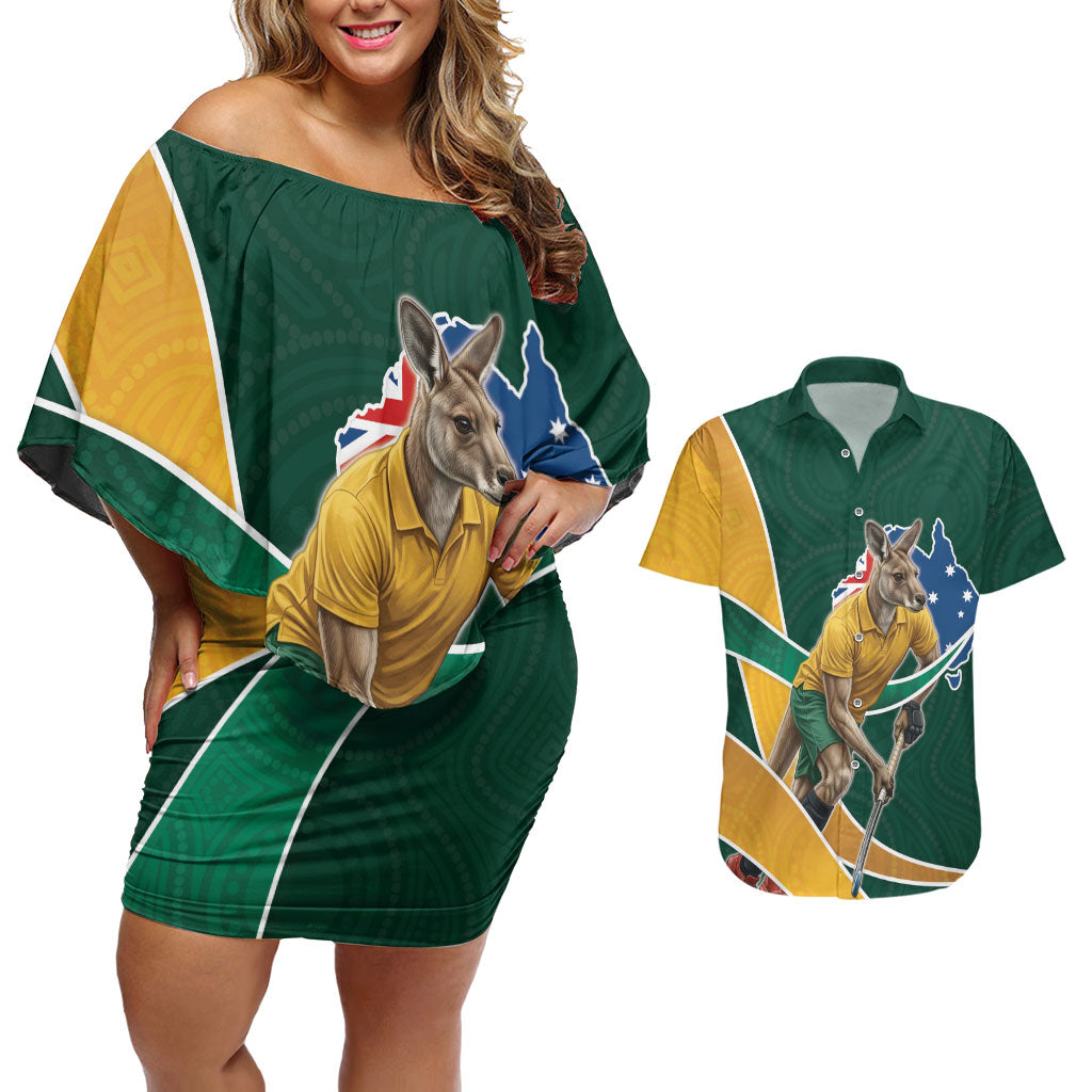 Personalized Kookaburras Field Hockey Kangaroo Couples Matching Off Shoulder Short Dress and Hawaiian Shirt Australian Flag Map With Abstract Green And Gold Wave Pattern