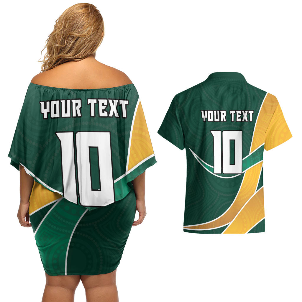 Personalized Kookaburras Field Hockey Kangaroo Couples Matching Off Shoulder Short Dress and Hawaiian Shirt Australian Flag Map With Abstract Green And Gold Wave Pattern