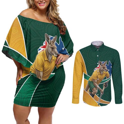 Personalized Kookaburras Field Hockey Kangaroo Couples Matching Off Shoulder Short Dress and Long Sleeve Button Shirt Australian Flag Map With Abstract Green And Gold Wave Pattern